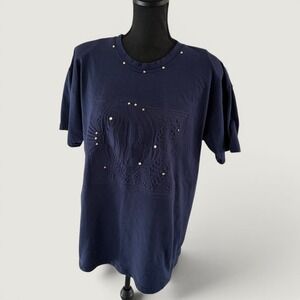 Superline Vintage Embossed Fish Studded Shoulder Pad Shirt Womens OS Navy Blue